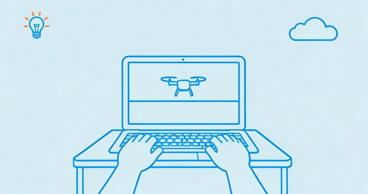 Student's hands on a laptop keyboard, flying a small quadcopter shown on the screen