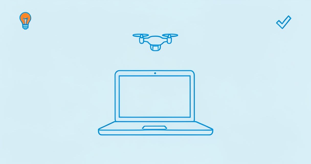 A small quadcopter hovering above an open laptop on a desk, with a light bulb and a checkmark beside it.
