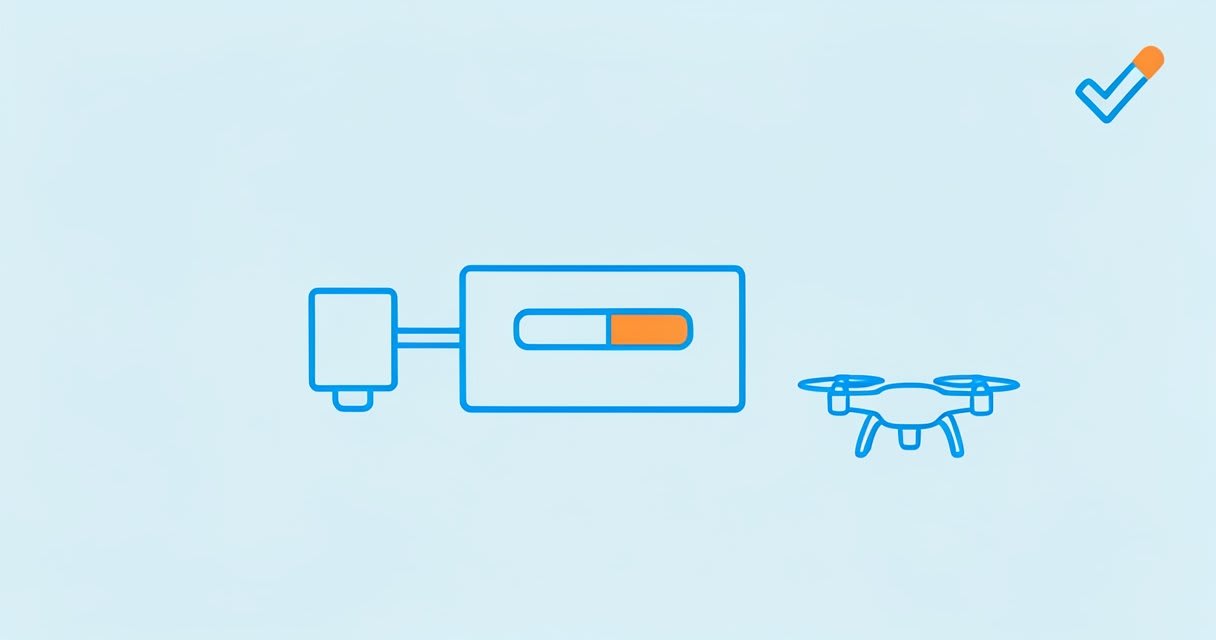 A half-filled drone battery connected to a plain charger, with a small quadcopter and a checkmark beside it.