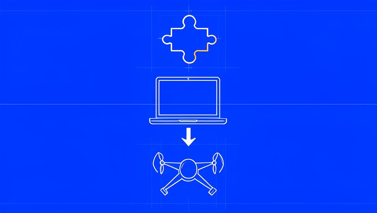Three stacked layers: a coding puzzle piece on top, a laptop in the middle and a quadcopter at the bottom, joined by arrows.