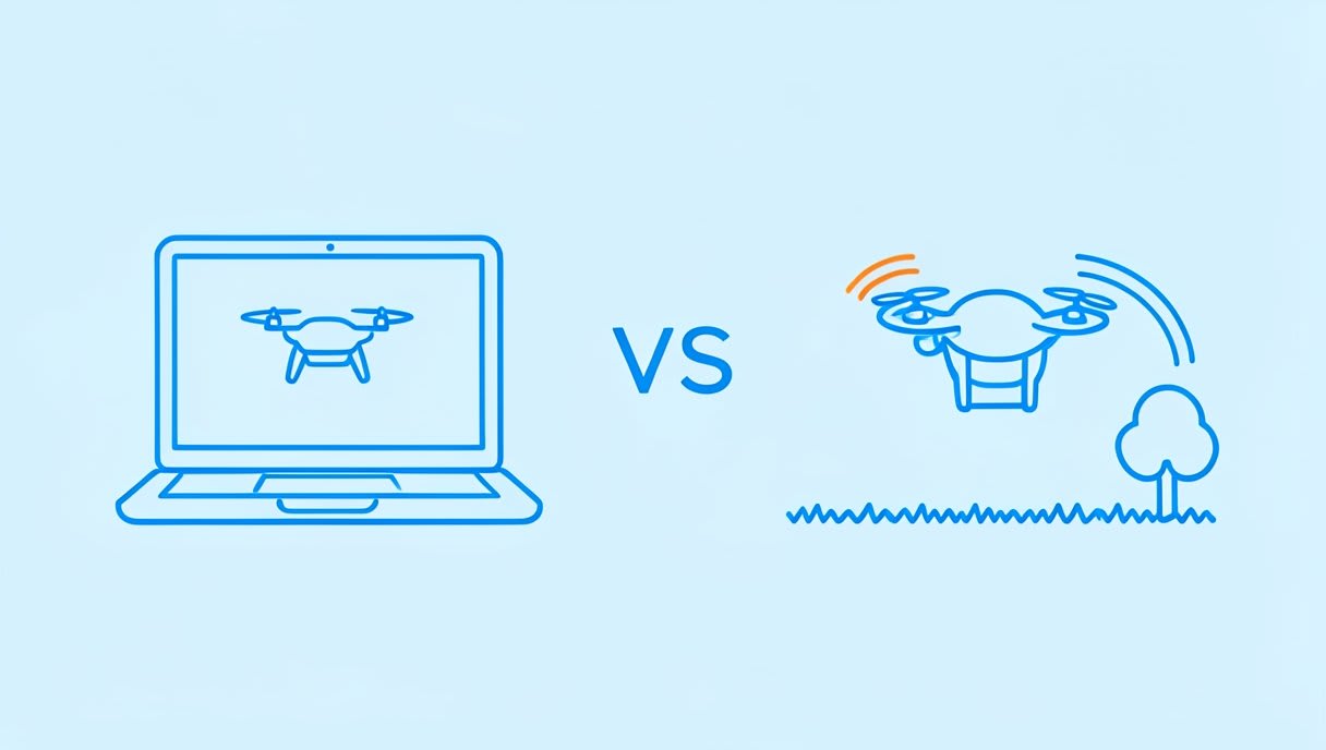 A drone on a laptop screen compared with a real drone flying outdoors in the wind