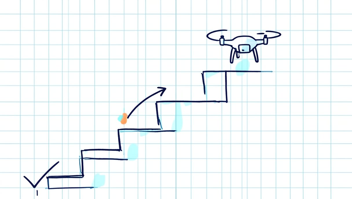 Notebook sketch of three rising steps with a small drone hovering above the top step