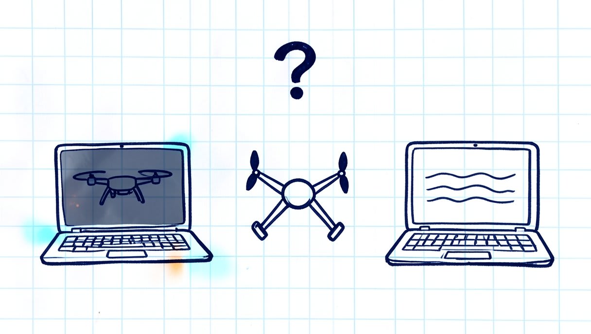 A question mark above three options: a simulator on a laptop, a small quadcopter and a laptop with code lines.