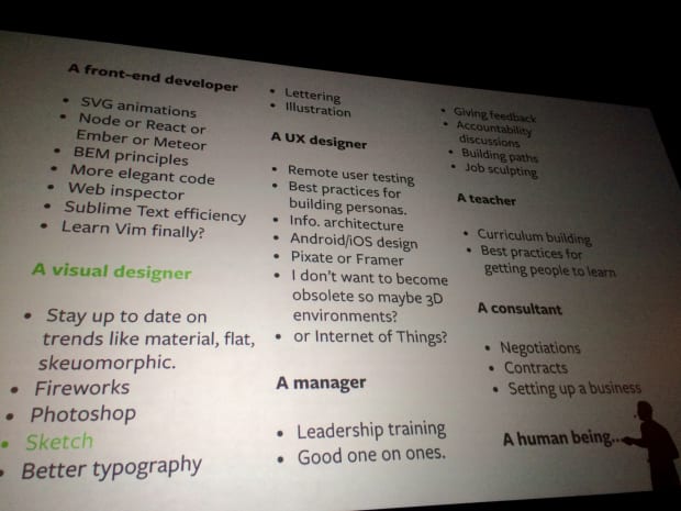 Joel Califa's slide listing everything a developer could possibly learn