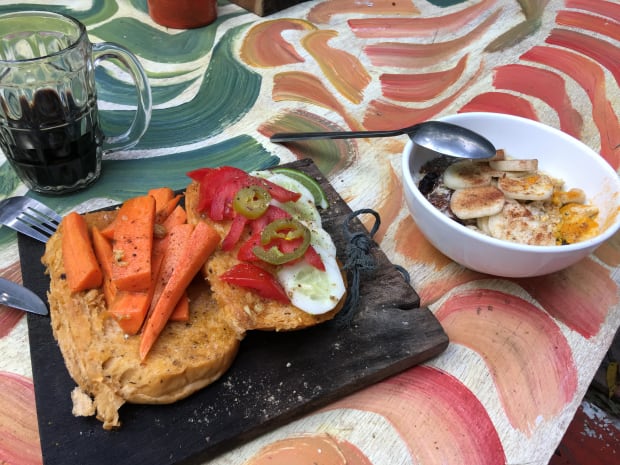 The amazing food at Bush Bar. Basically cooked vegetables on bread and it was amazing