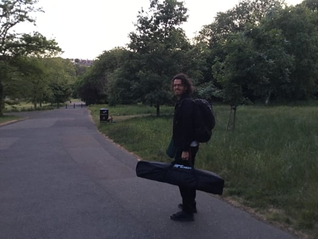 Carrying the projector screen to the park