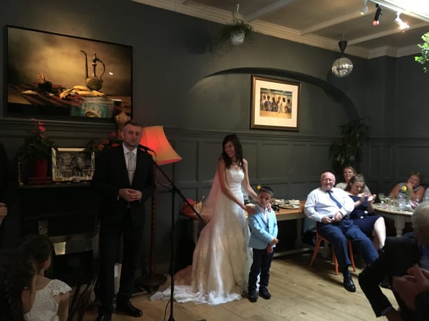 Steve and Zeynep at the reception speech for their wedding