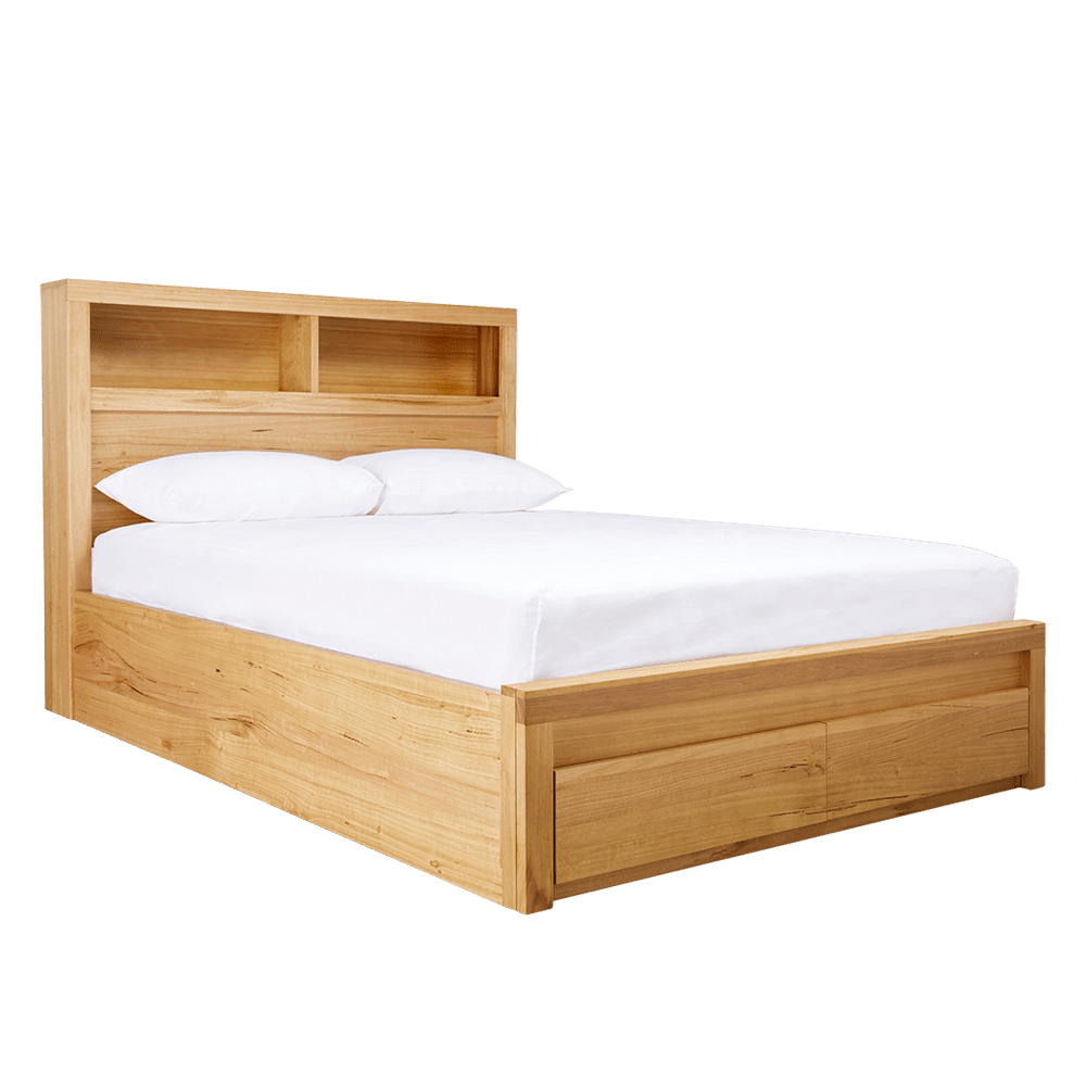 Clemence Gas Lift Bed Drawers Bookend With USB & LED Queen color Natural