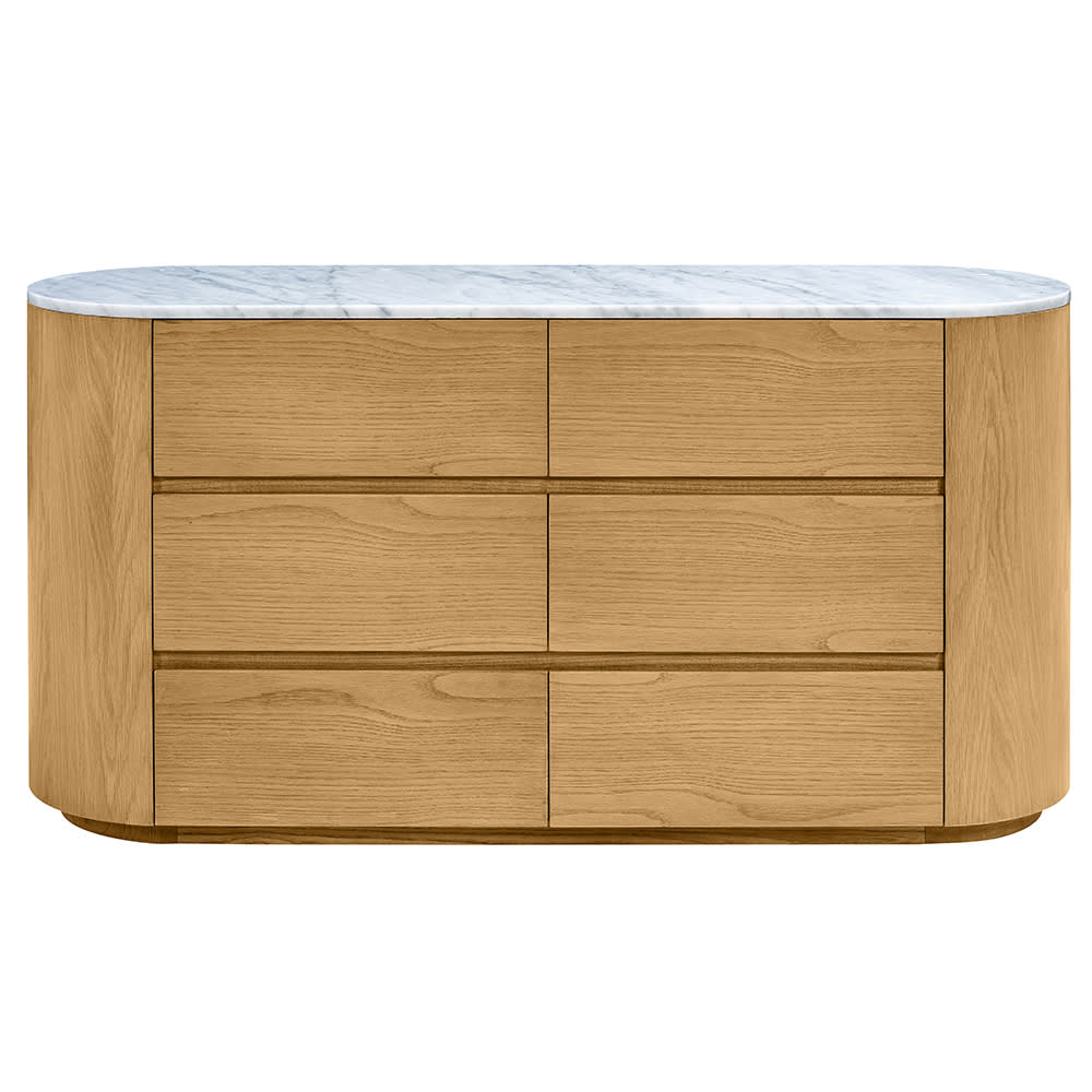 Curve Oak & Carrara Marble Dresser - 6 Drawer 