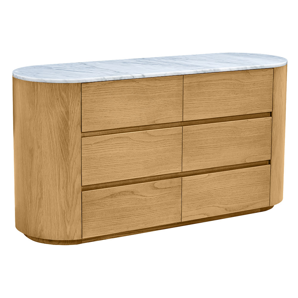 Curve Oak & Carrara Marble Dresser - 6 Drawer 