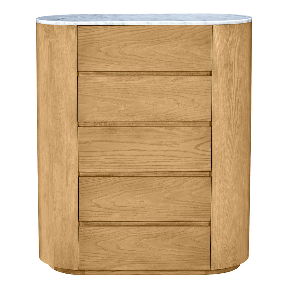Curve Oak & Carrara Marble Tallboy - 5 Drawer 