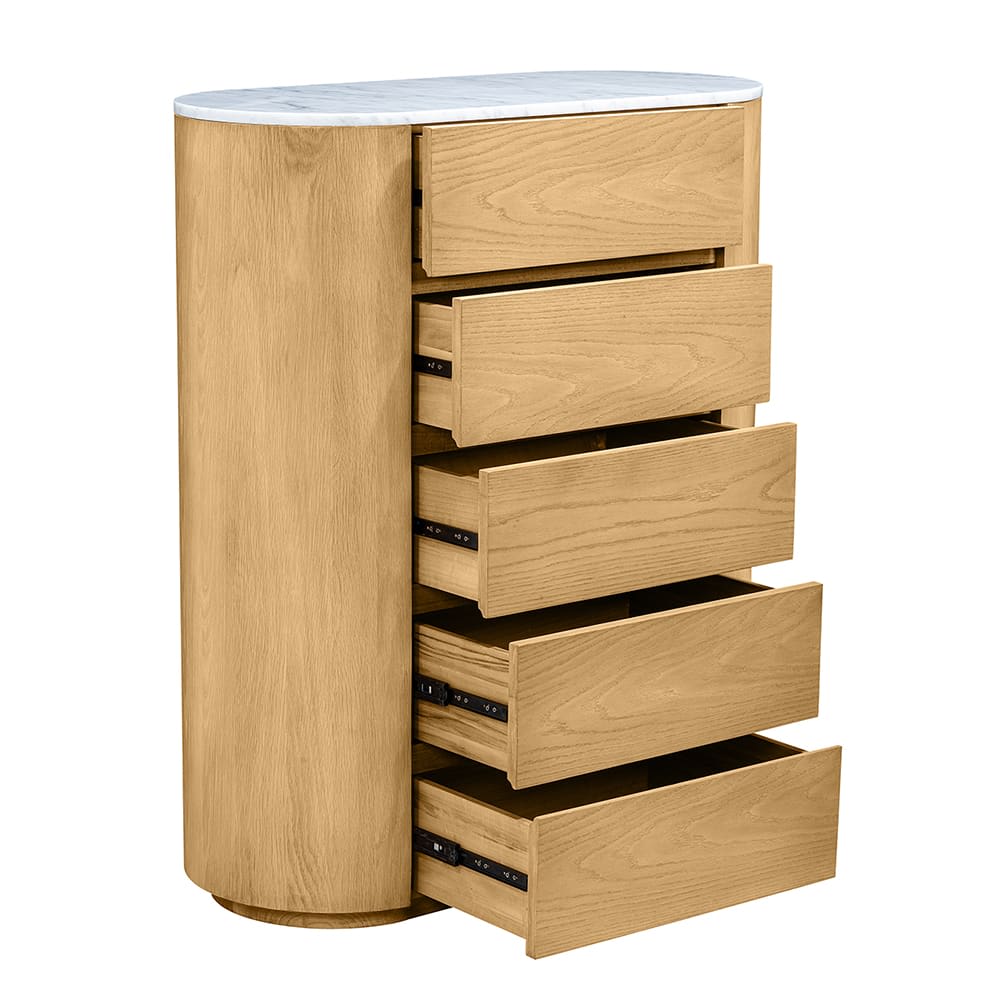 Curve Oak & Carrara Marble Tallboy - 5 Drawer 