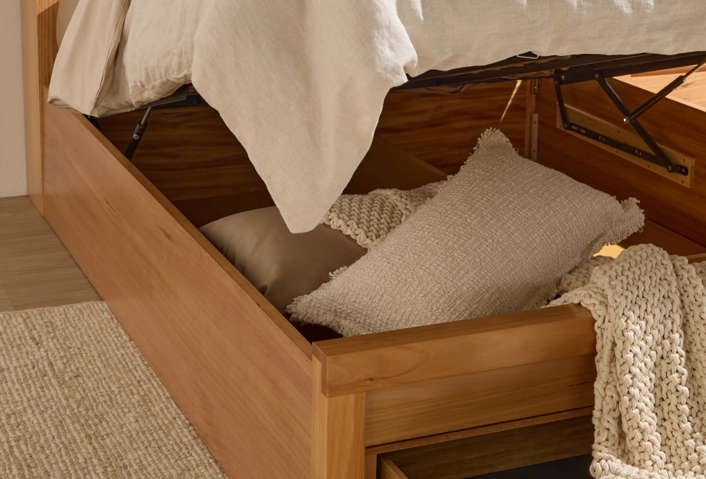 Clemence Gas Lift Storage Bed & Drawers & Bookend with USB & LED color Natural