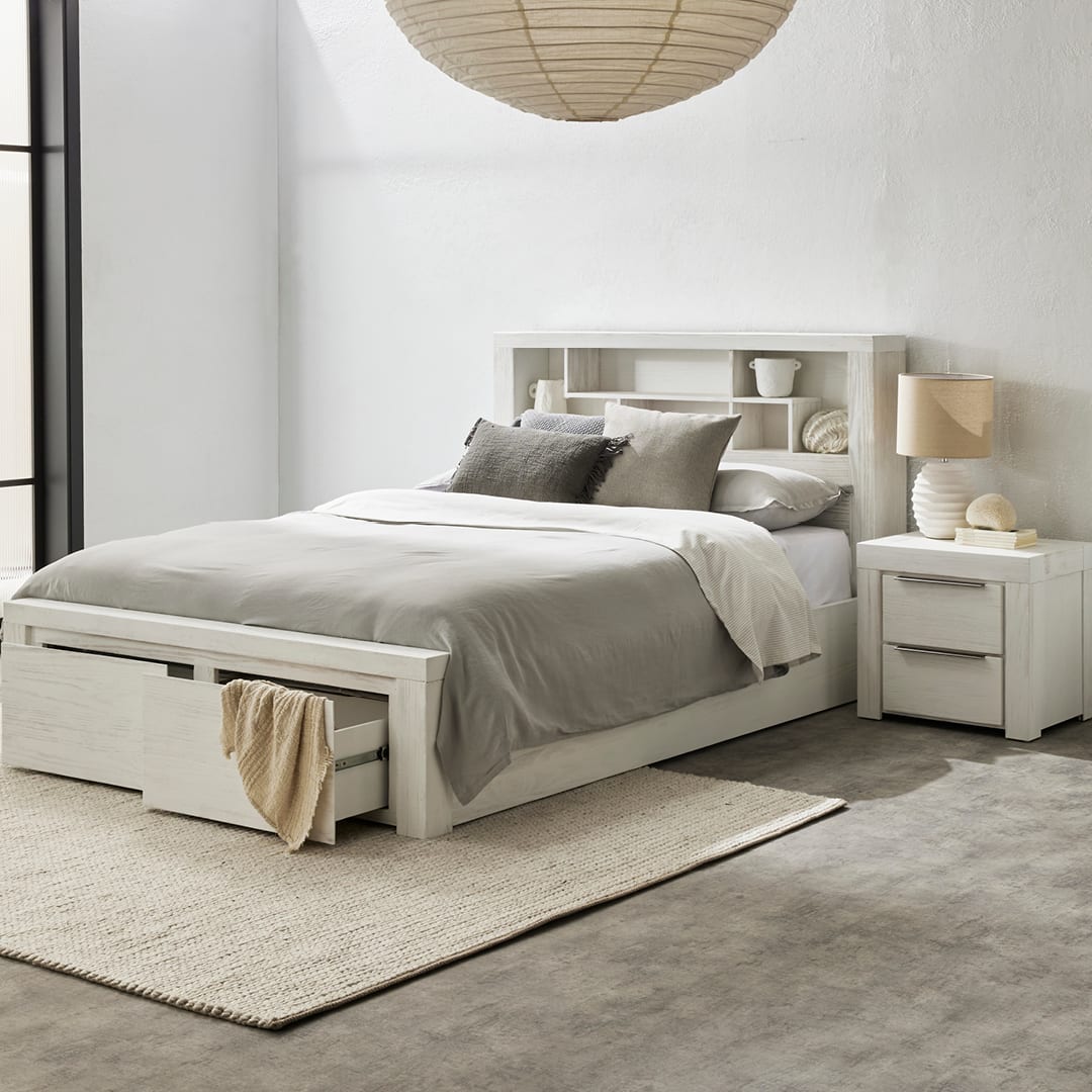 Hobart Bookend Storage Bed Frame White color White