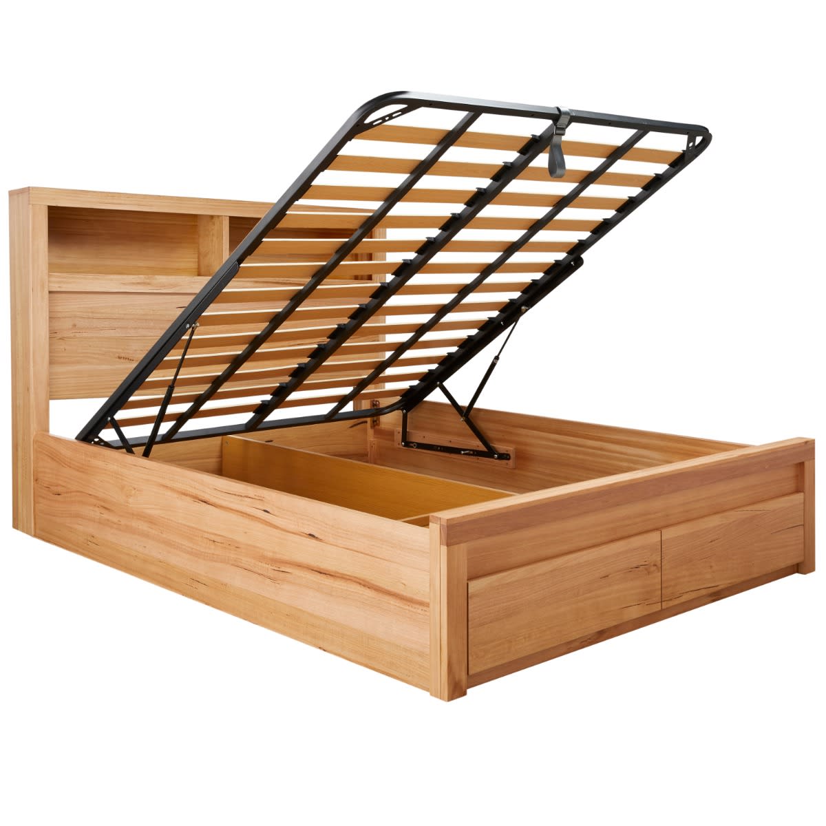 Clemence Gas Lift Bed Drawers Bookend With USB & LED Queen color Natural