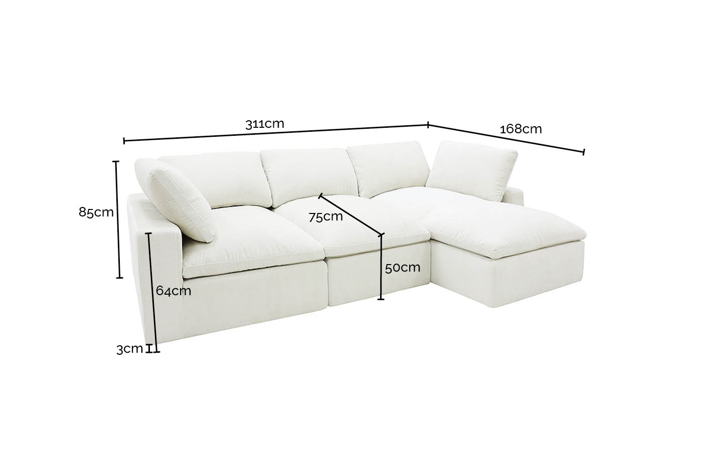 Willow Avon Honey Chaise Sofa - 3 Seater color Avon Honey