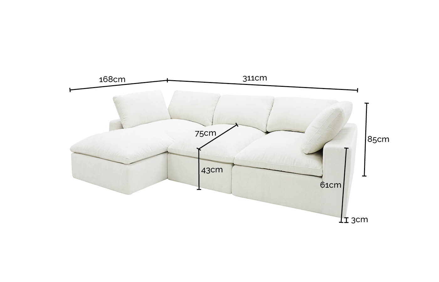 Willow California Charcoal Chaise Sofa - 3 Seater color California Charcoal