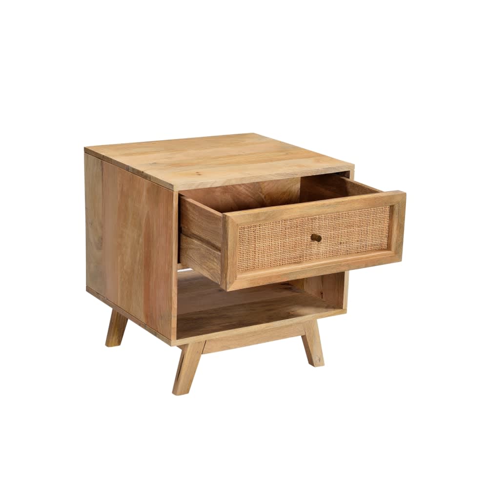 Tulum Mango Wood and Rattan Bedside Table - 1 Drawer color Natural