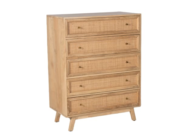 Tulum Mango Wood and Rattan Tallboy Wide Natural - 5 Drawer color Natural