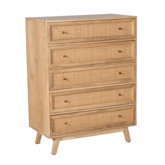 Tulum Mango Wood and Rattan Tallboy Wide Natural - 5 Drawer color Natural