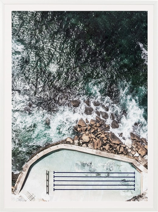 Bronte Pool White Framed Print - 85cm x 114cm color Blue