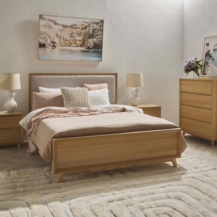 Morgan Oak Bed Frame with Upholstered Headboard color Natural