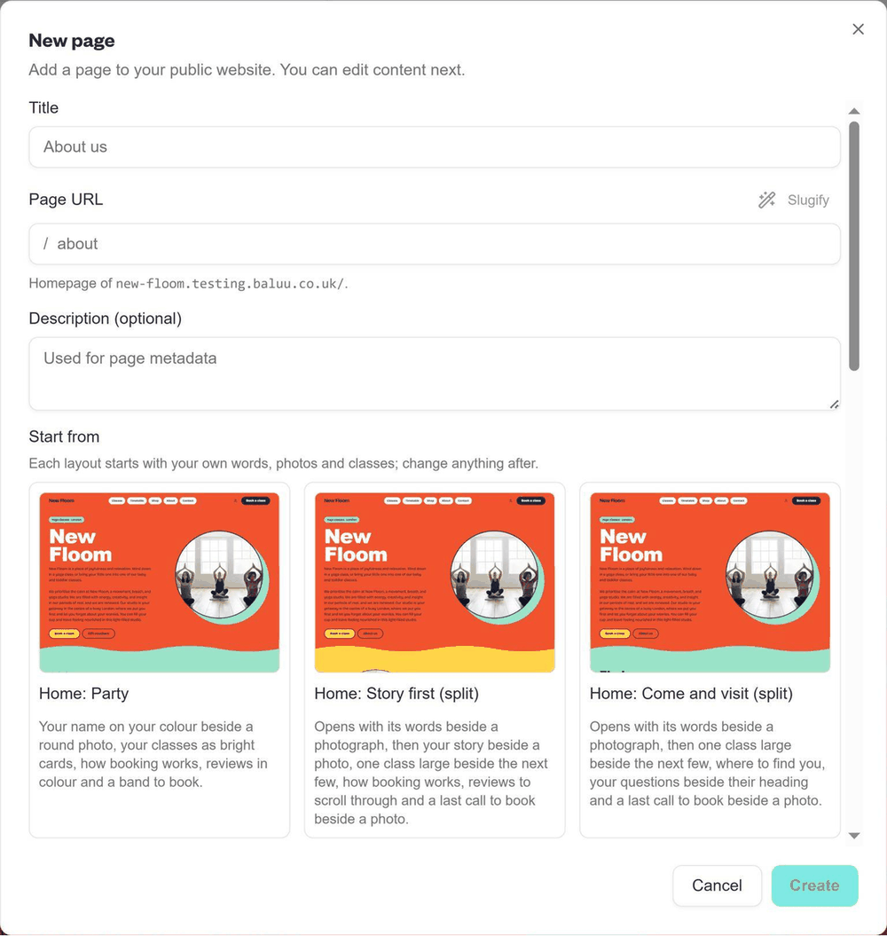 Creating a new page in the Baluu Website Builder