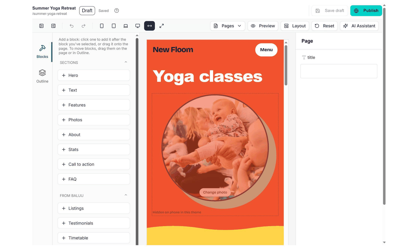 Editing a page: adding blocks and choosing a hero style