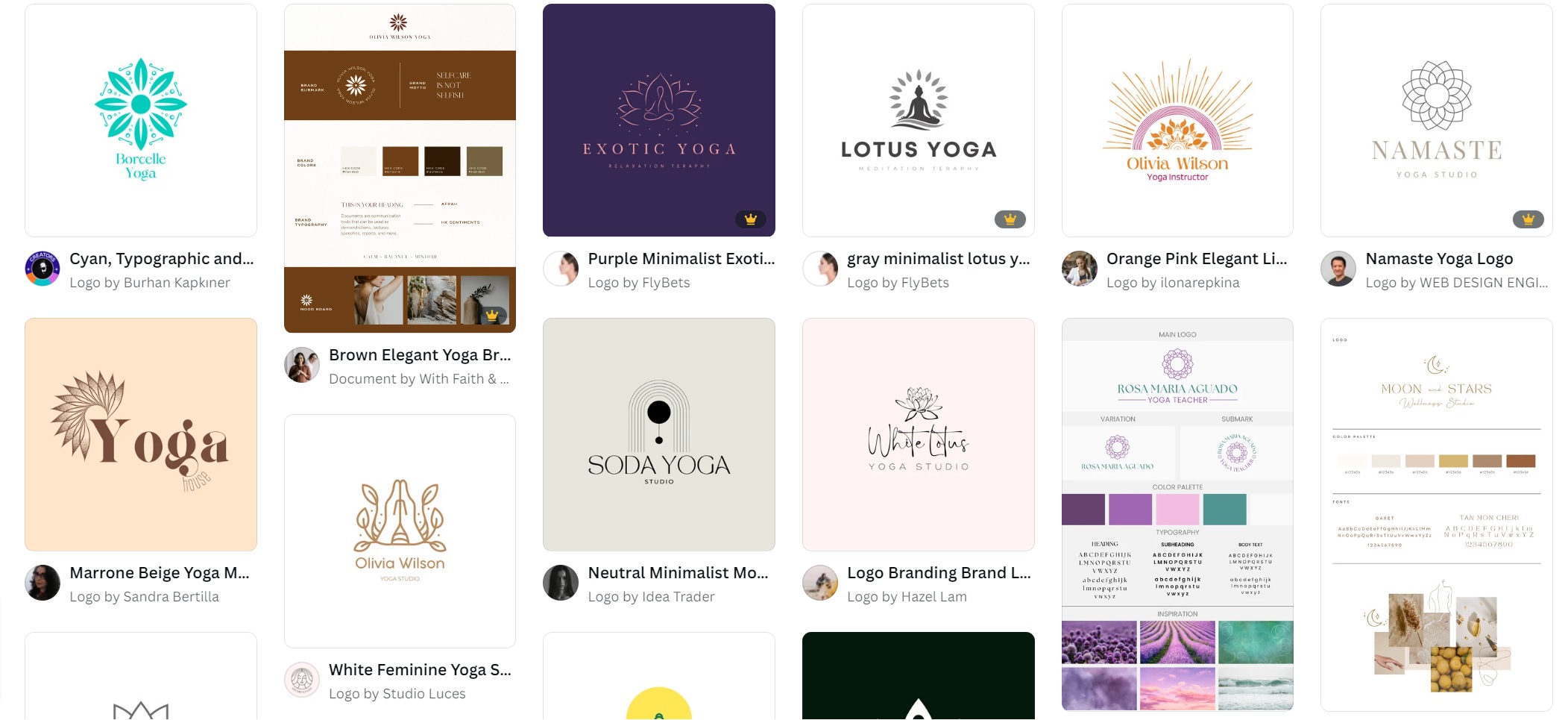 A quick search for "yoga branding" on Canva makes for a great place to get some inspiration for your brand