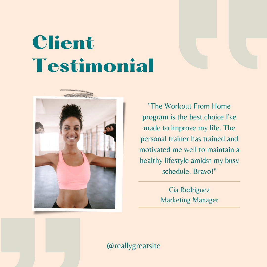 Easily create beautiful personal trainer customer testimonial's on Canva: https://www.canva.com/p/templates/EAE01GvlQYQ-peach-and-green-modern-healthy-lifestyle-testimonial-instagram-post/