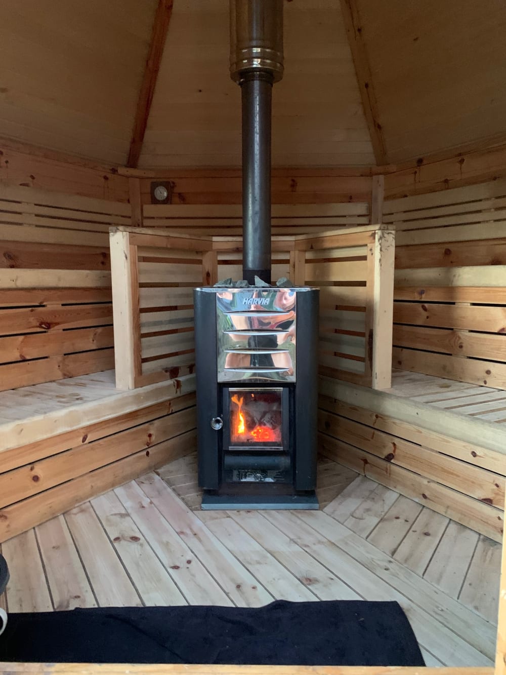 Inside the wood-fired sauna