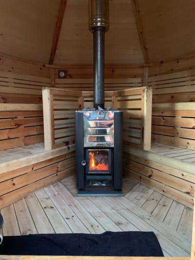 Inside the wood-fired sauna