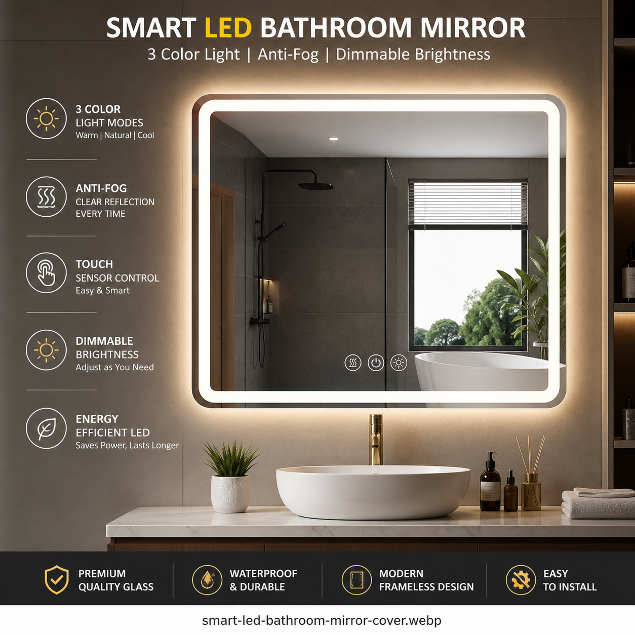 Modern LED Bathroom Mirror with 3-Color Lighting & Anti-Fog