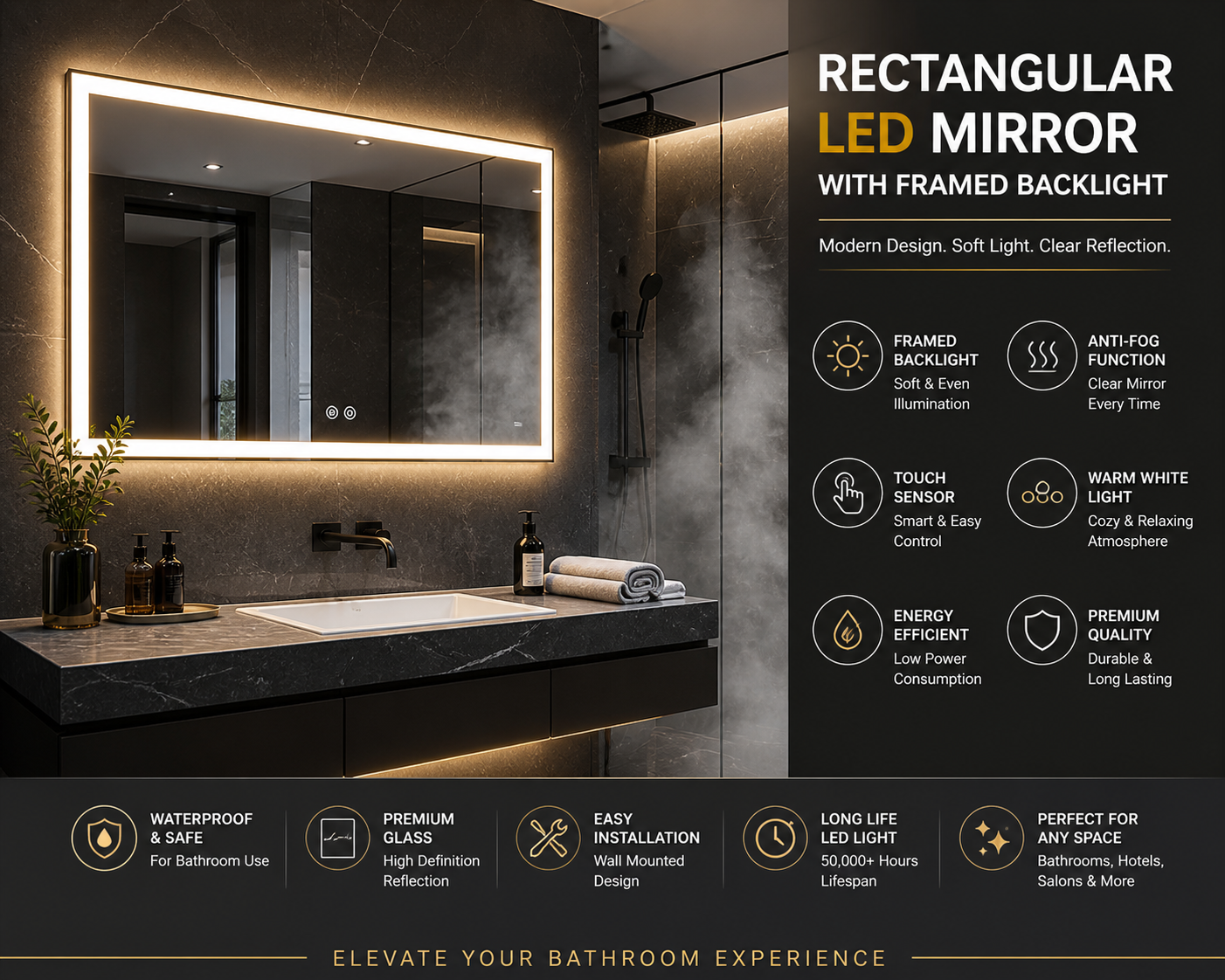 Rectangular Framed LED Bathroom Mirror with Warm Backlight