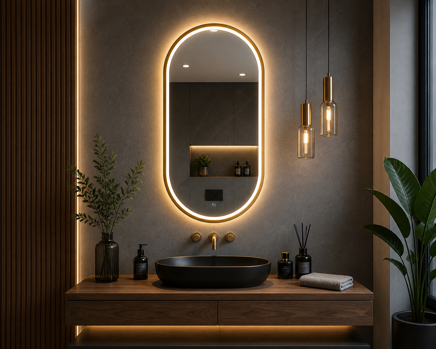 Oval LED Mirror with Gold Frame, Touch Dimmer & Anti-Fog