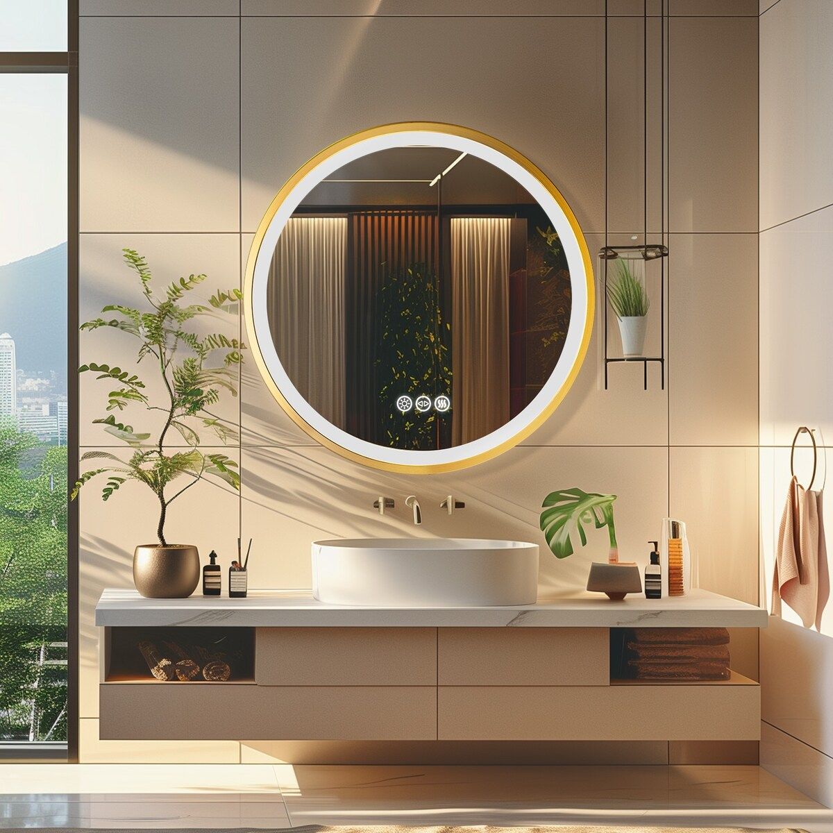 Premium Round LED Mirror with Gold Frame & Soft Dimmable Lighting