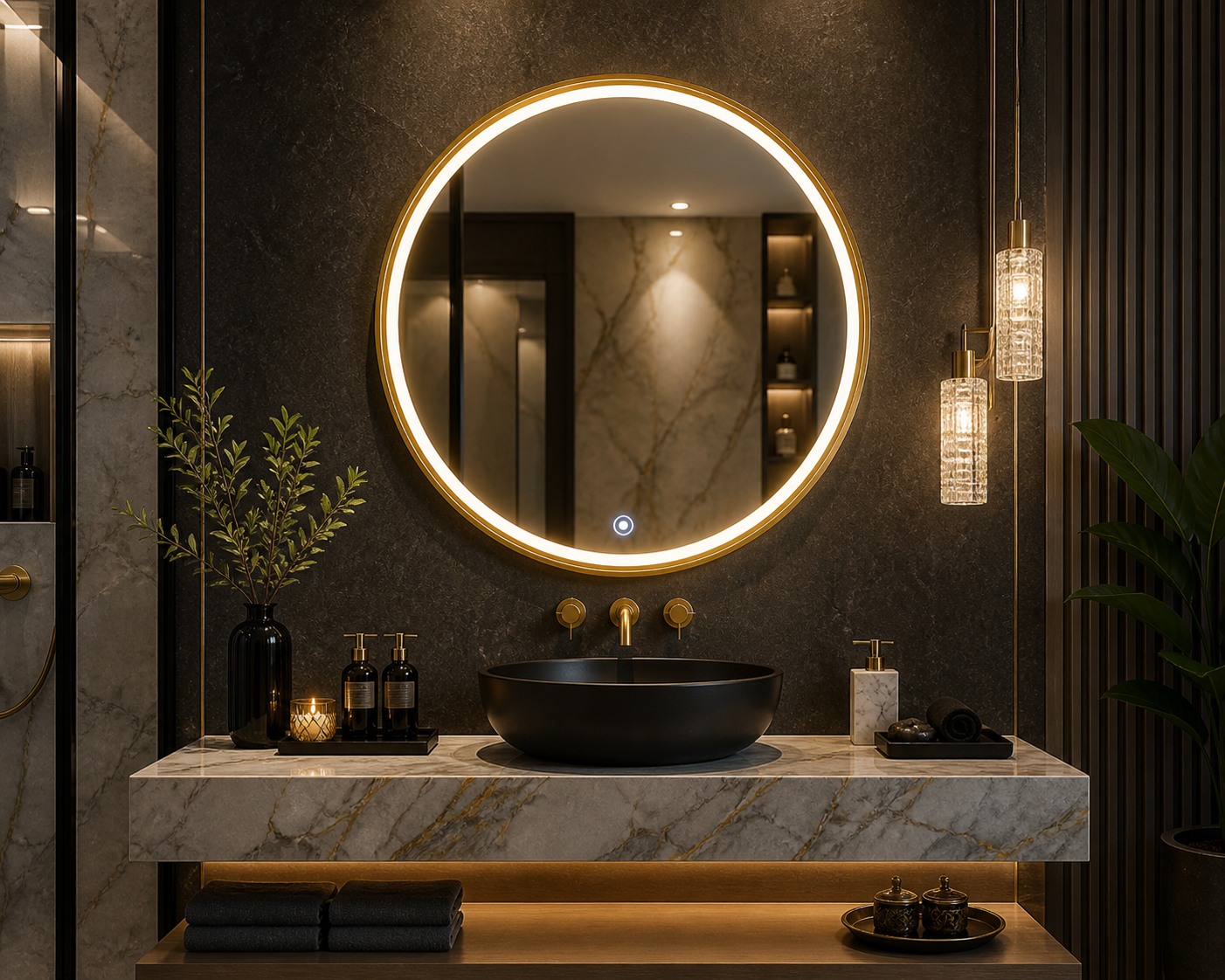 Premium Round LED Mirror with Gold Frame & Soft Dimmable Lighting