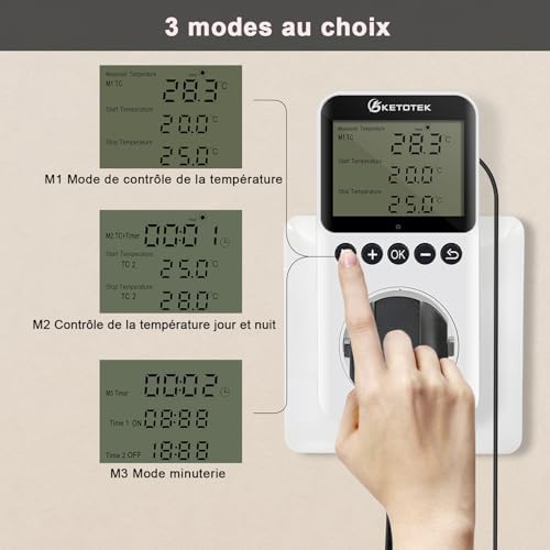 Vue 3 de Ketotek Prise Thermostat Journuit