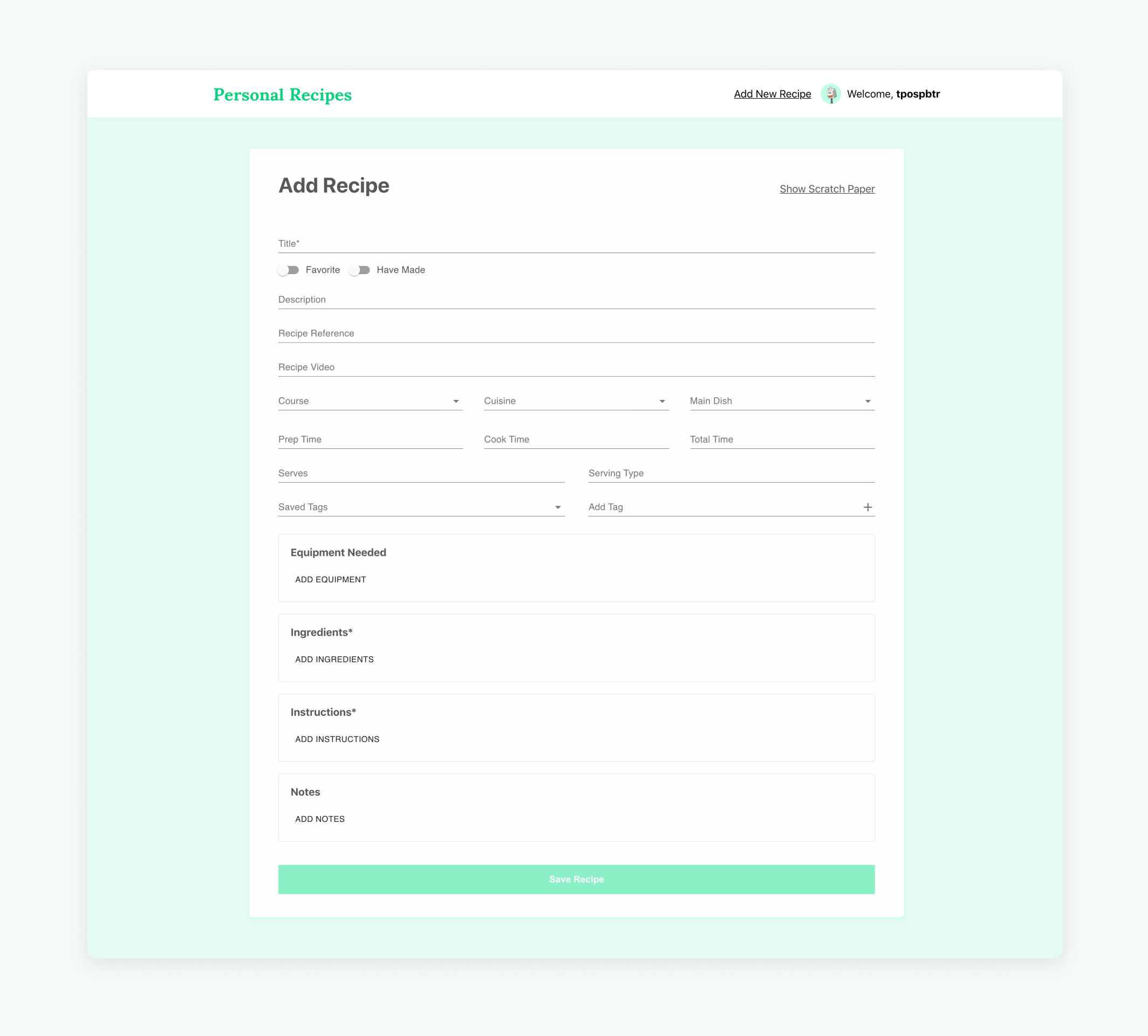 Personal Recipes - Add Recipe Page