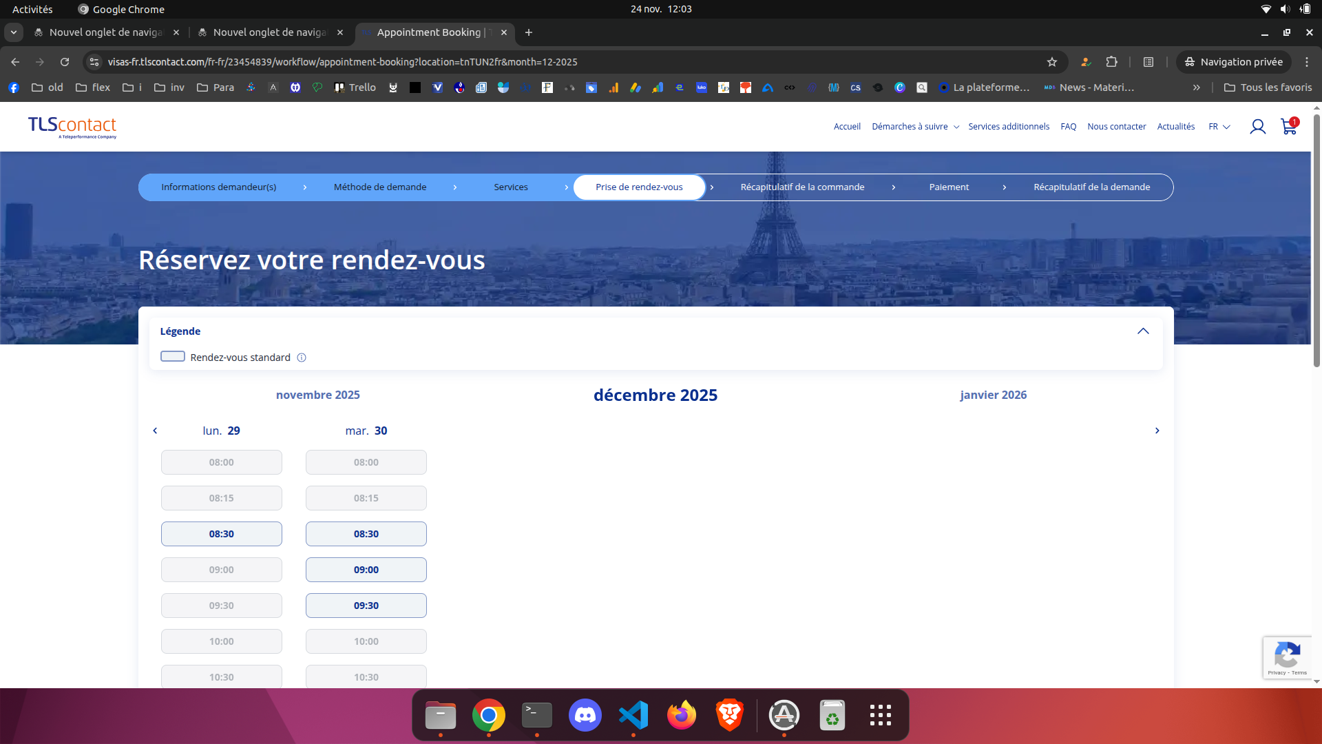 Capture d'écran des rendez-vous disponibles - 24/11/2025 à 12:03