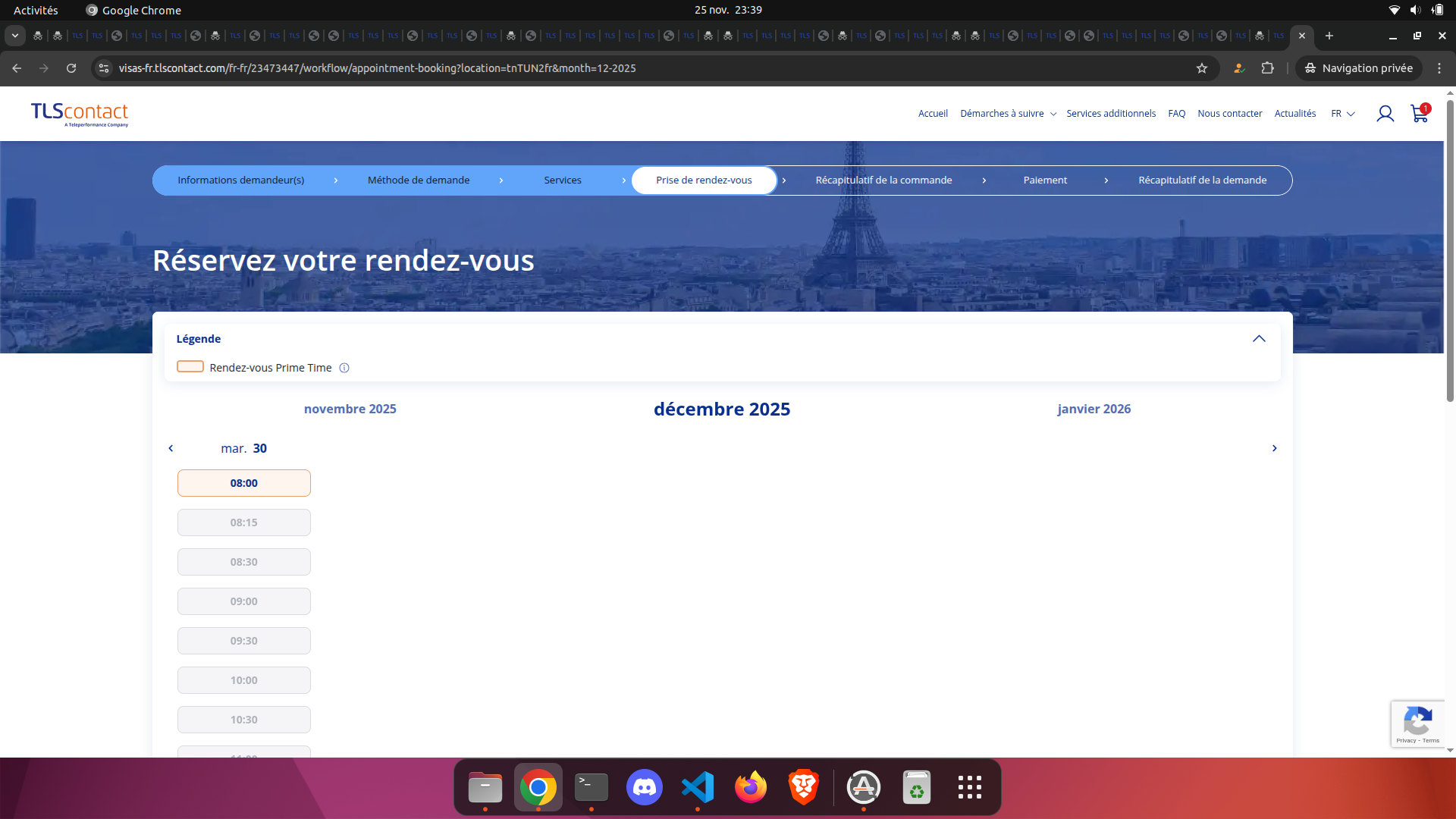 Capture d'écran du rendez-vous disponible