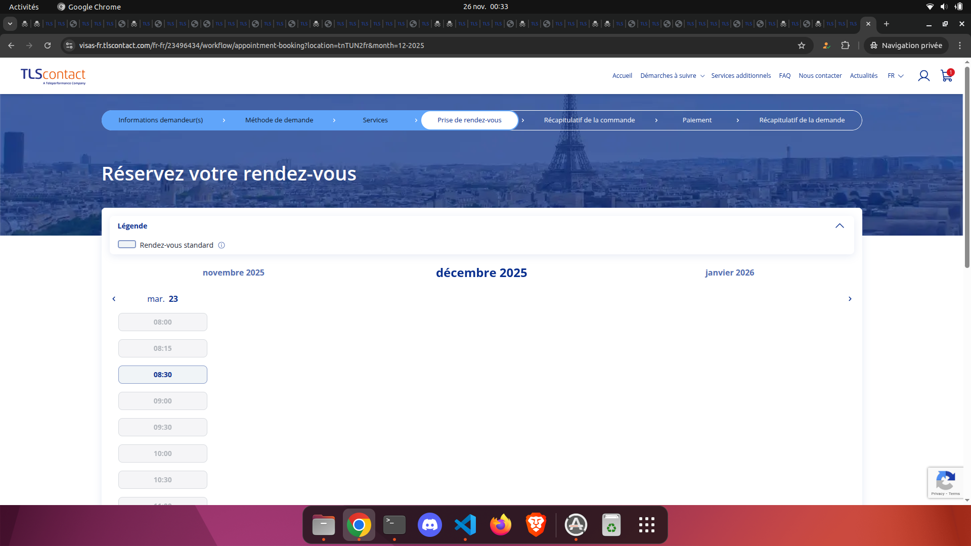 Capture d'écran du rendez-vous disponible