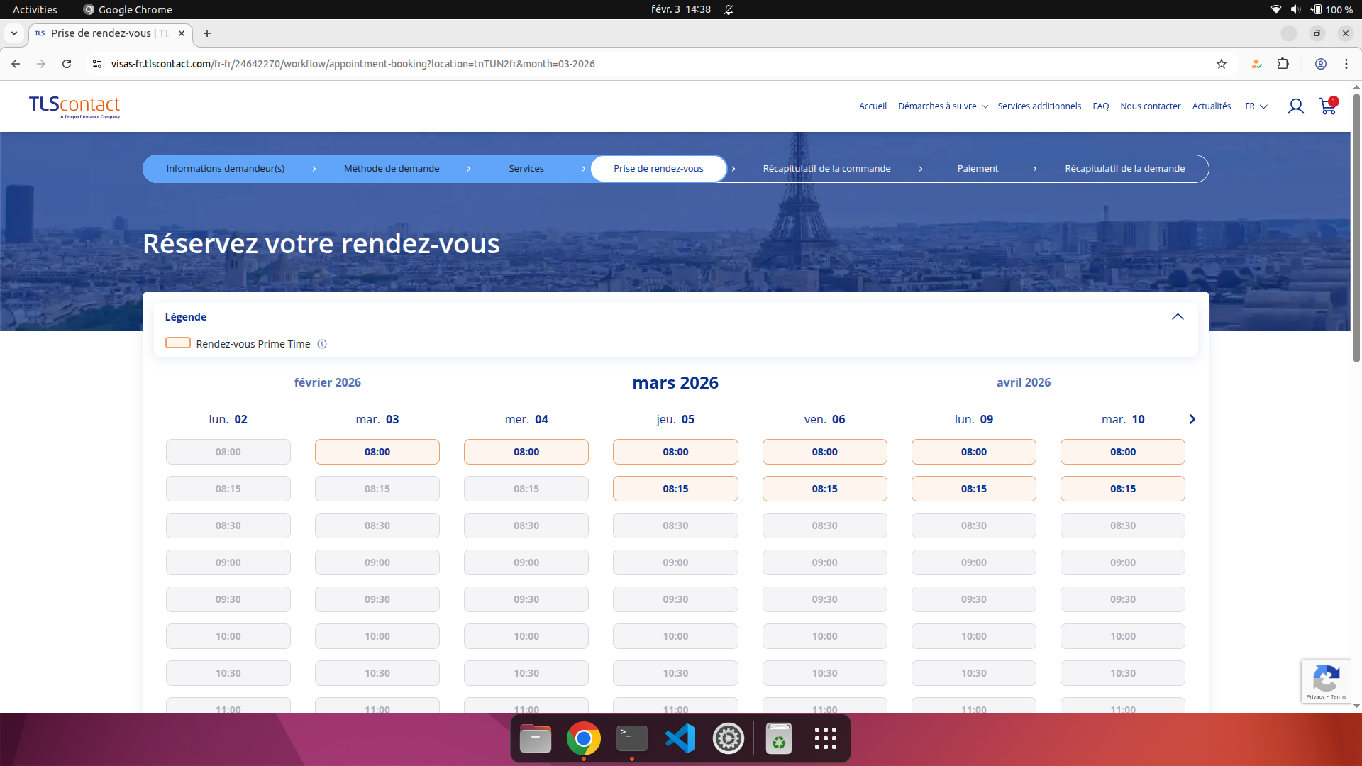 Capture d'écran du rendez-vous disponible