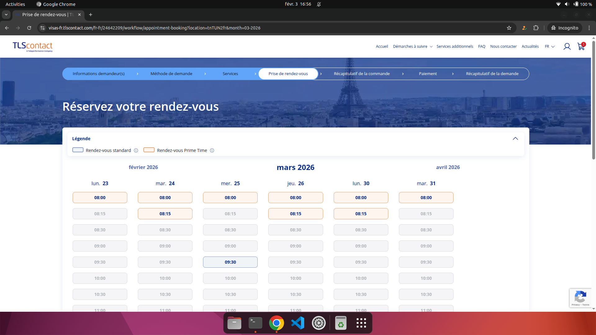 Capture d'écran du rendez-vous disponible