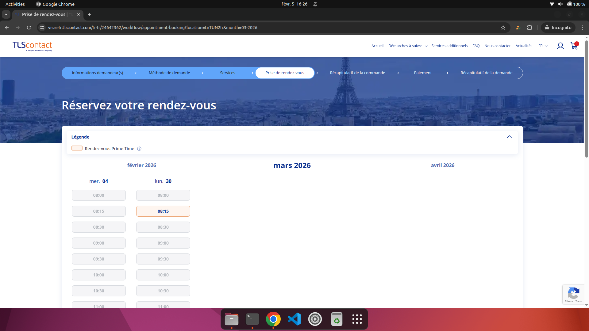 Capture d'écran du rendez-vous disponible