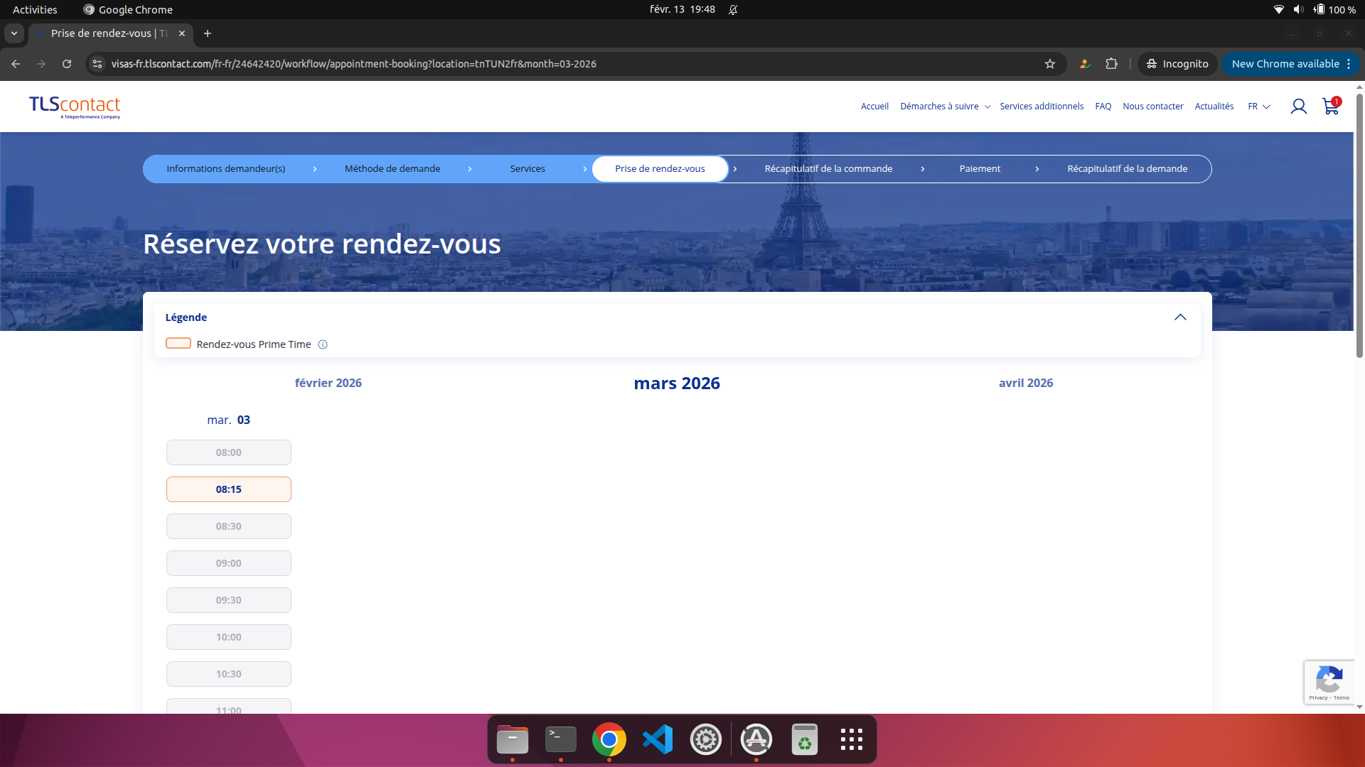 Capture d'écran du rendez-vous disponible