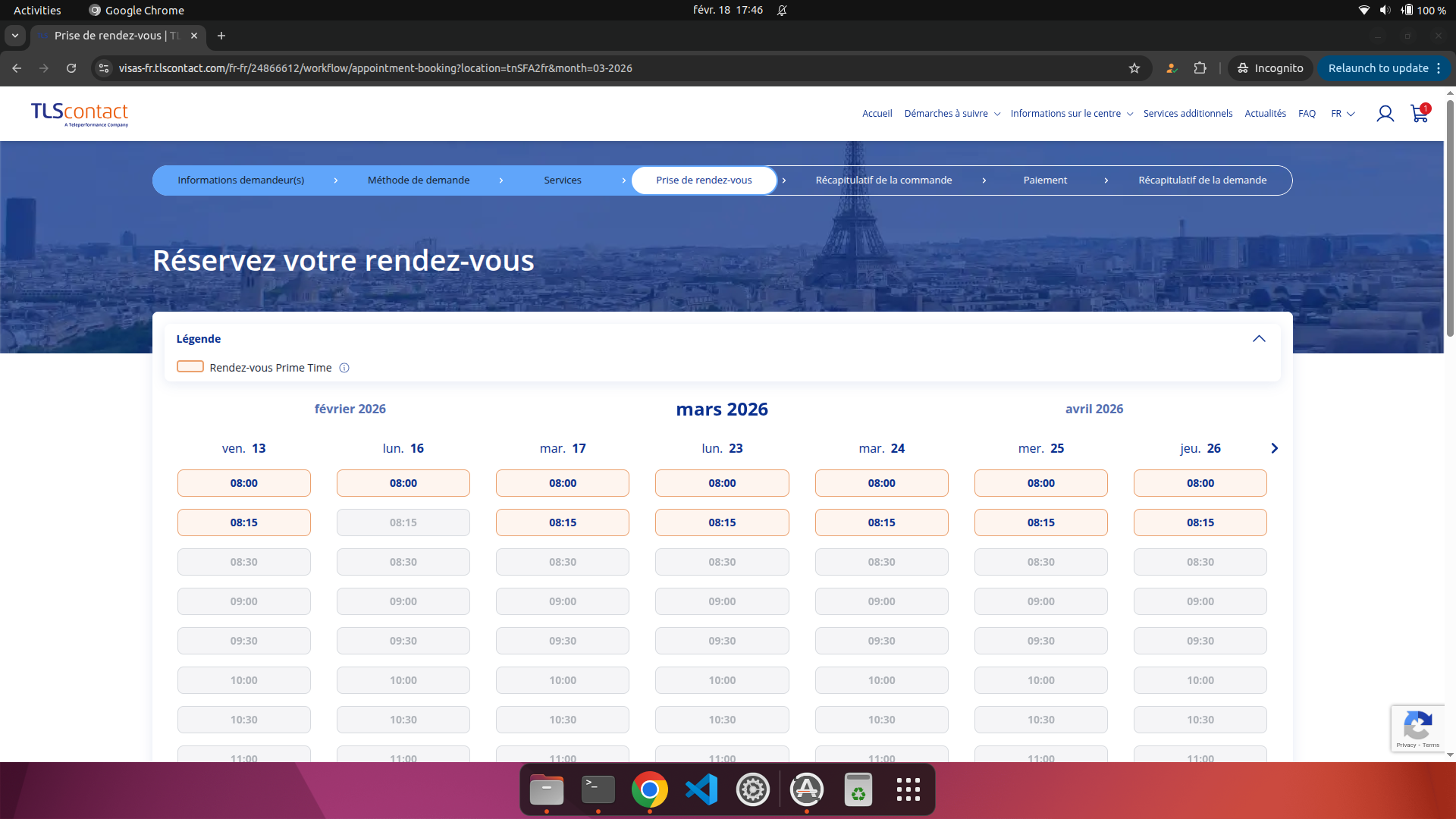 Capture d'écran du rendez-vous disponible