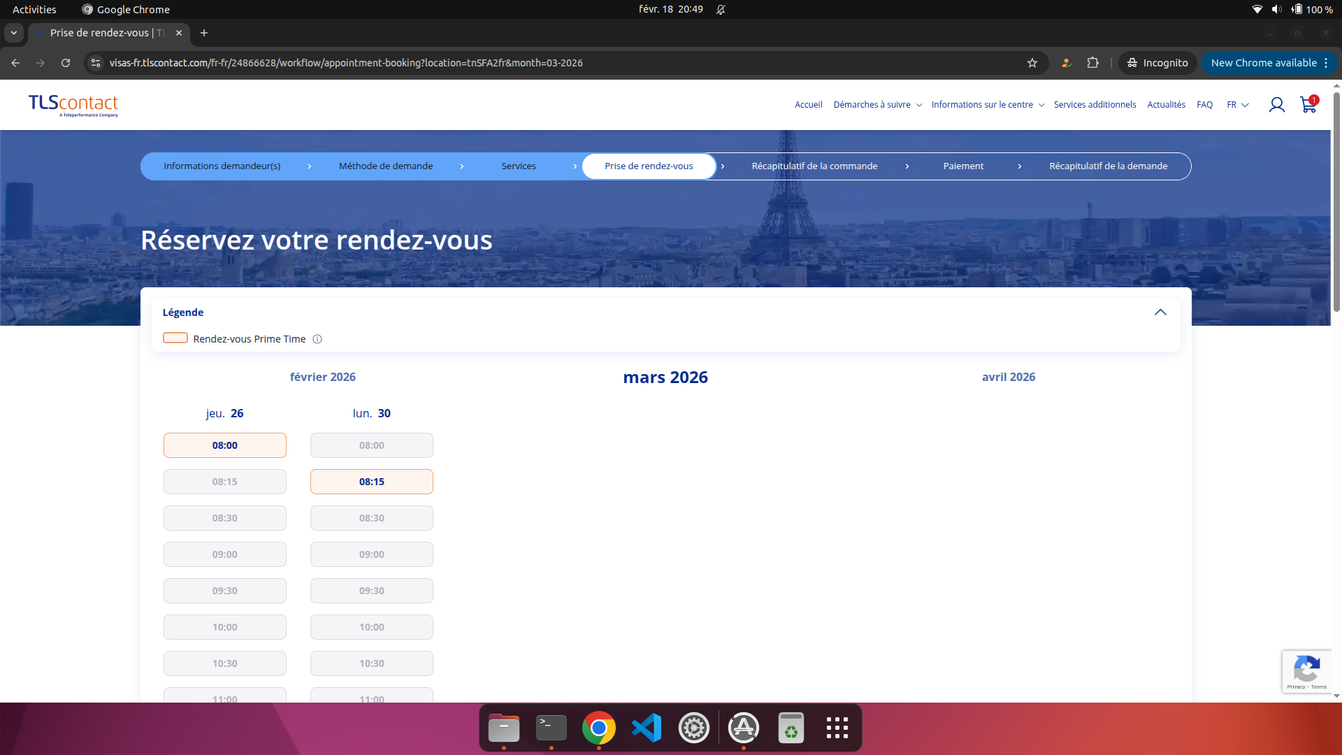 Capture d'écran du rendez-vous disponible