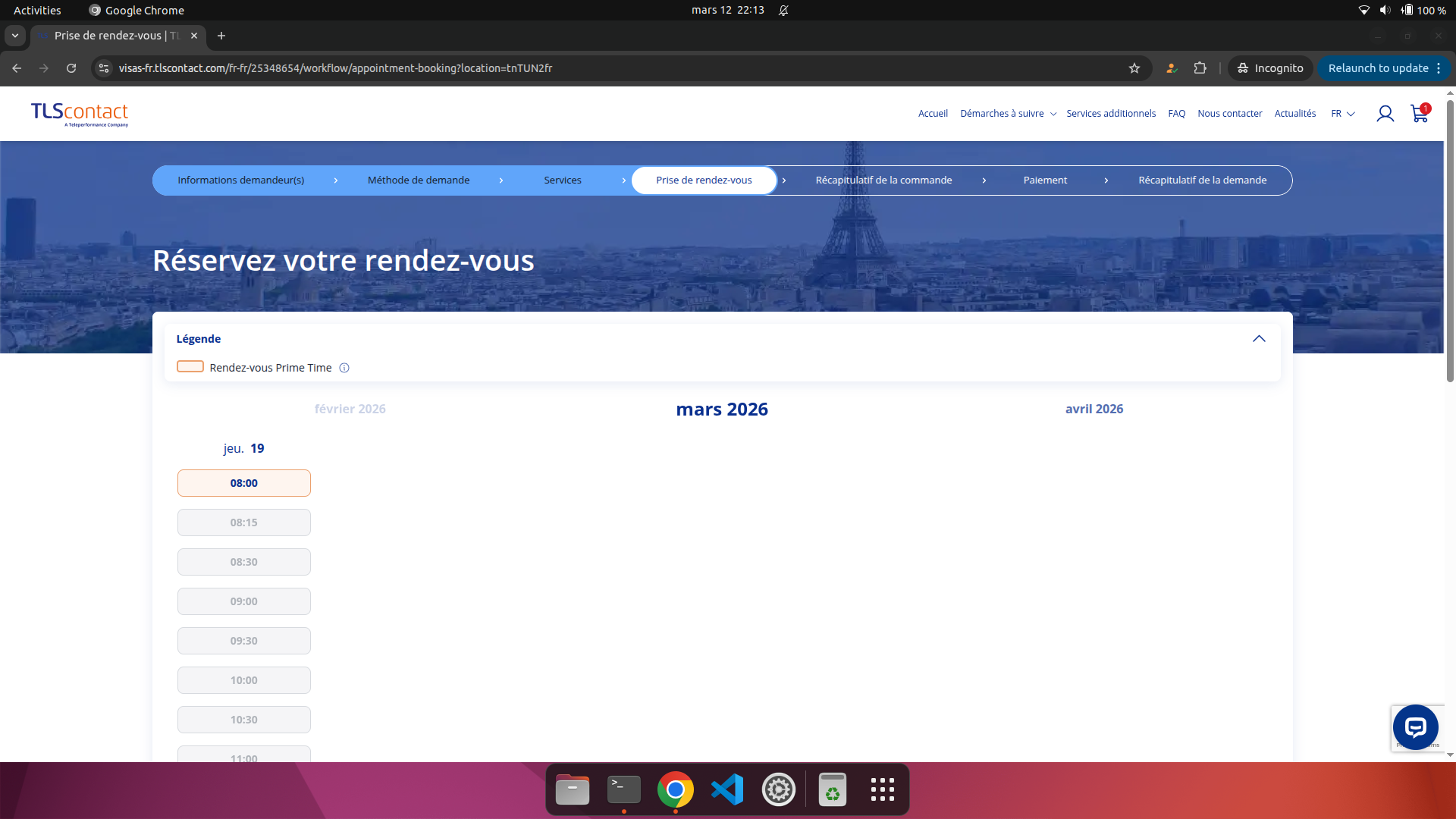 Capture d'écran du rendez-vous disponible