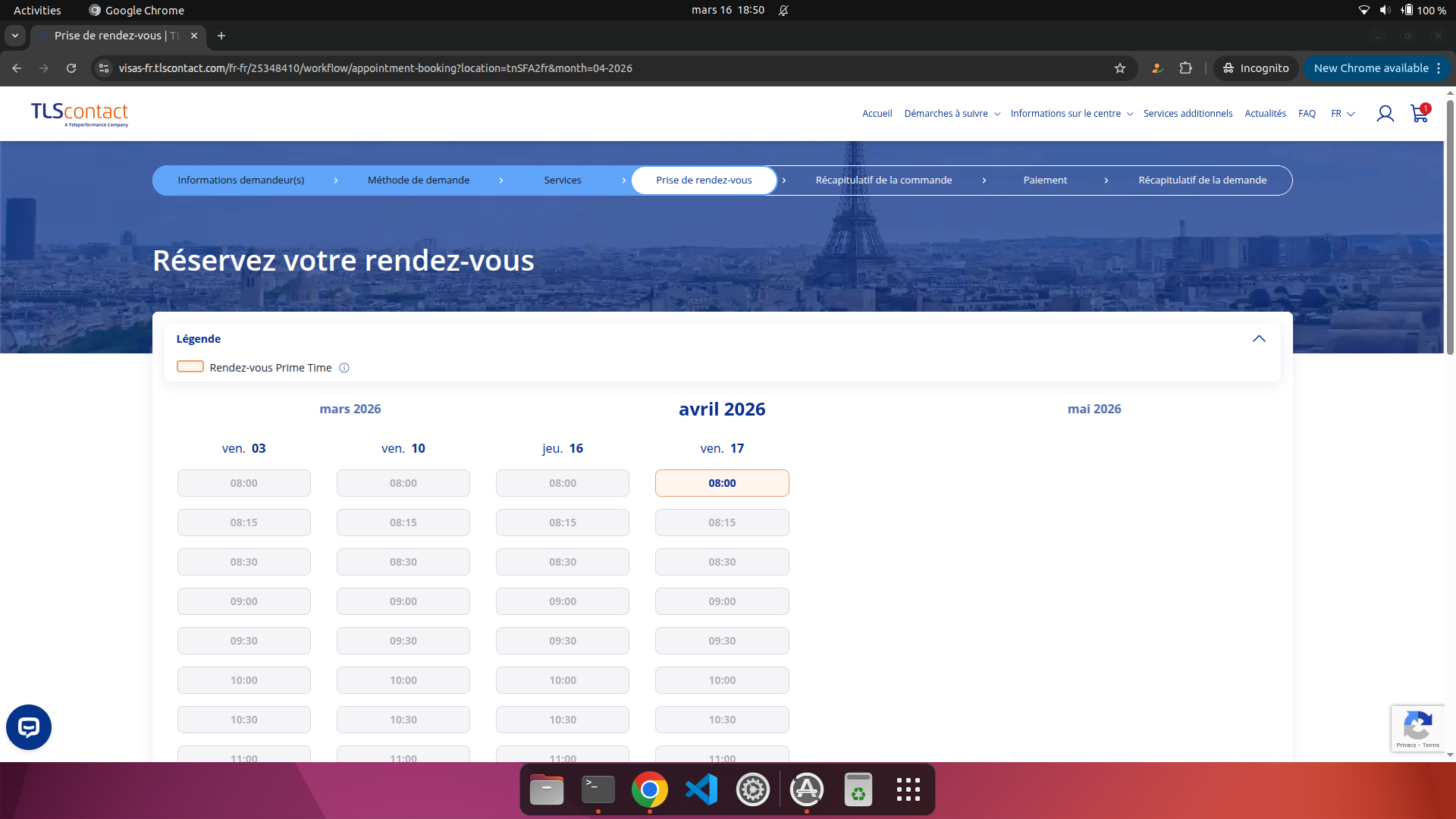 Capture d'écran du rendez-vous disponible
